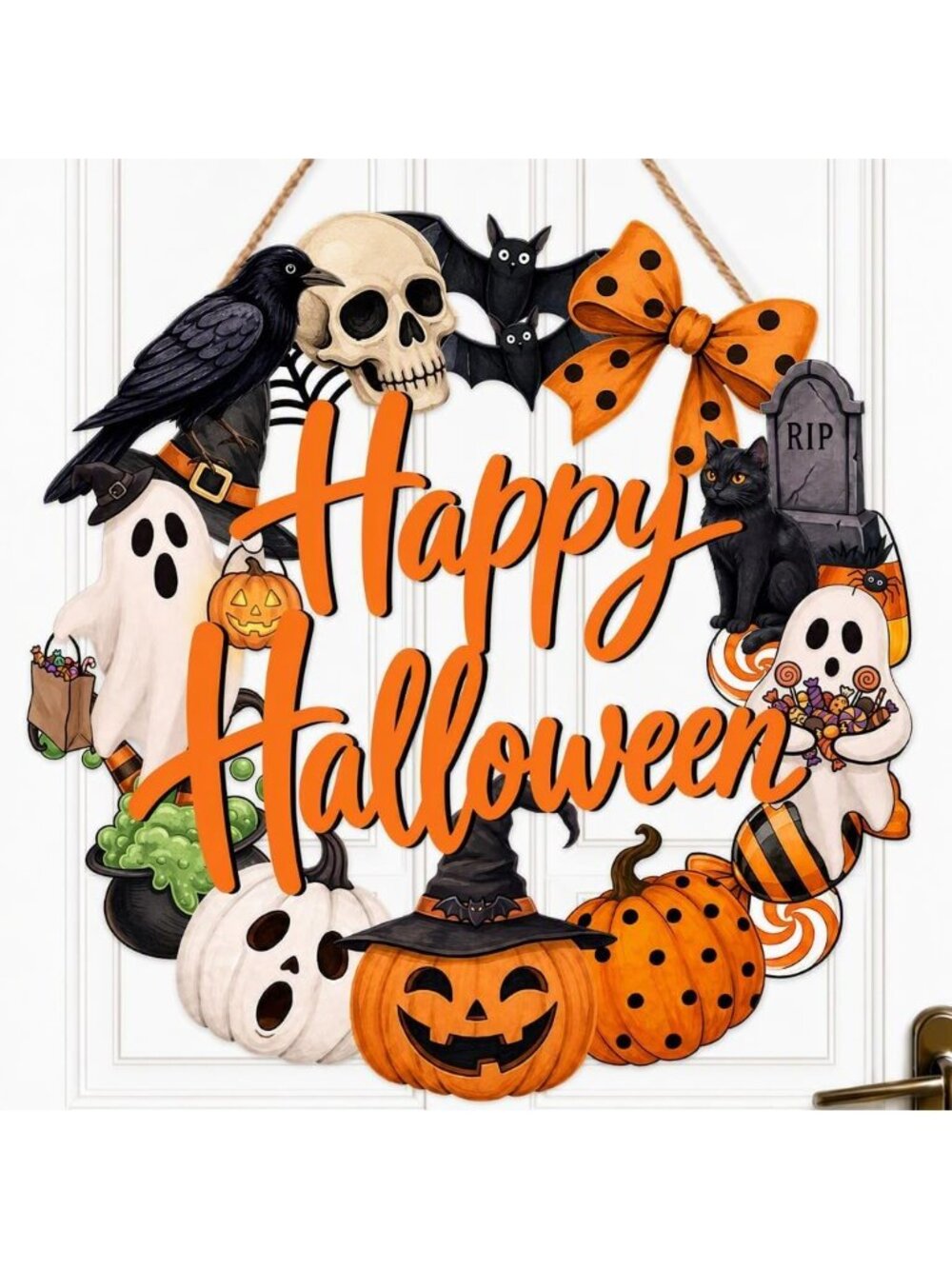 Halloween Wreath Front Door Wooden Pumpkin Ghost Skull Cat Door Sign Wall Decor